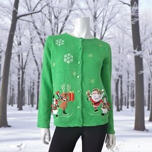 Green Christmas Cardigan Christmas Pull Size Small embroidered sweater